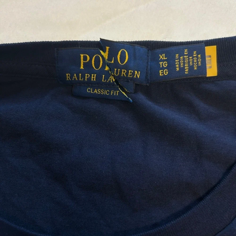 Polo Ralph Lauren Mens XL Navy Blue Plaid Patchwork Big Pony T-Shirt Classic Fit